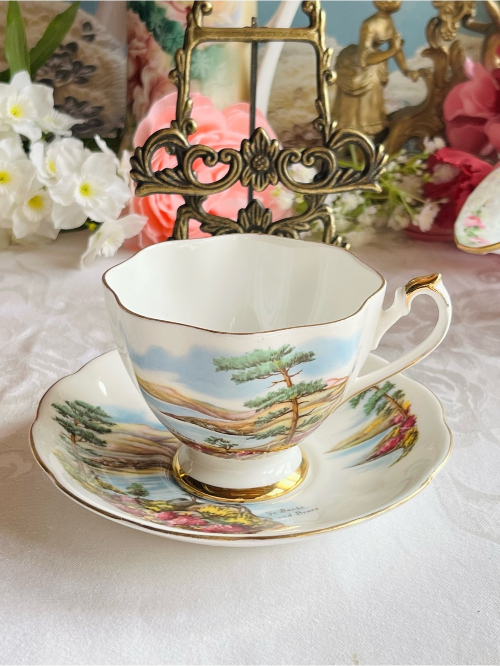 Vintage Queen Anne Fine Bone China Teacup & Saucer "Ye Banks and Braes"